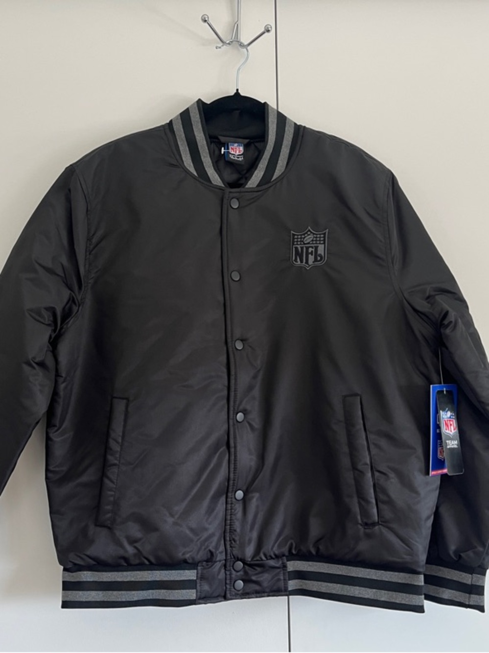NFL Football Black & Grey Satin Varsity Bomber Jacket